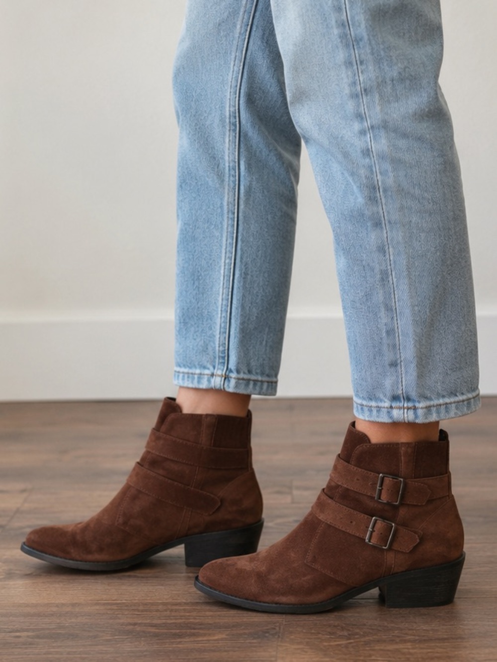 Anthropologie Double Buckle Brown Suede Ankle Boots Western Booties Size 8